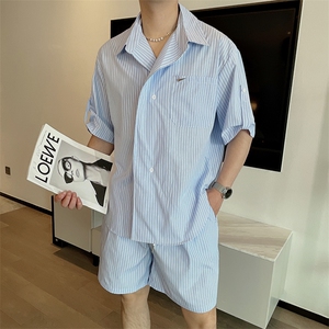 夏季韩版设计感不规则条纹衬衫五分袖休闲短裤两件套装TZ256-P105图片