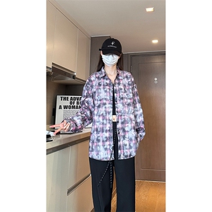 现货 早秋高街做旧紫格子长袖衬衫女扎染衬衣外套男 C18-P50-控78图片