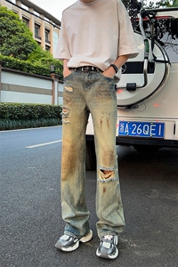 B221美式ins高街暗黑宽松直筒破洞喷墨乞丐牛仔裤LK24202-P60控78图片