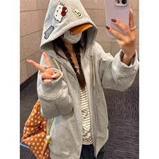 美式复古灰色连帽卫衣女oversize秋冬宽松韩系慵懒风上衣外套，女装短外套，星座506A