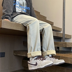 秋冬季加绒加厚高街宽松直筒修身牛仔裤男生休闲vibe男款美式裤子，男装牛仔裤，电商D325