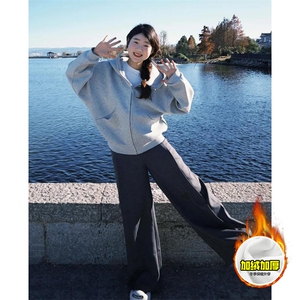 480G重磅加绒硬挺boxy 男女秋冬美式高街防风高领卫衣开衫厚外套图片