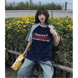 抖音得物品质二开240克宽松纯棉美式潮牌插肩三杠织带短袖T恤图片