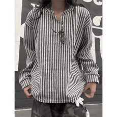 美式高街千鸟格子长袖T恤男女亨利V领英伦雅痞休闲宽松长袖打底衫，男装T恤，电商A443