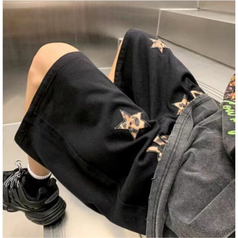 欧美简约复古发泡印花运动短裤男潮牌街头宽松情侣工装薄款五分裤，男装牛仔裤，四季星座505