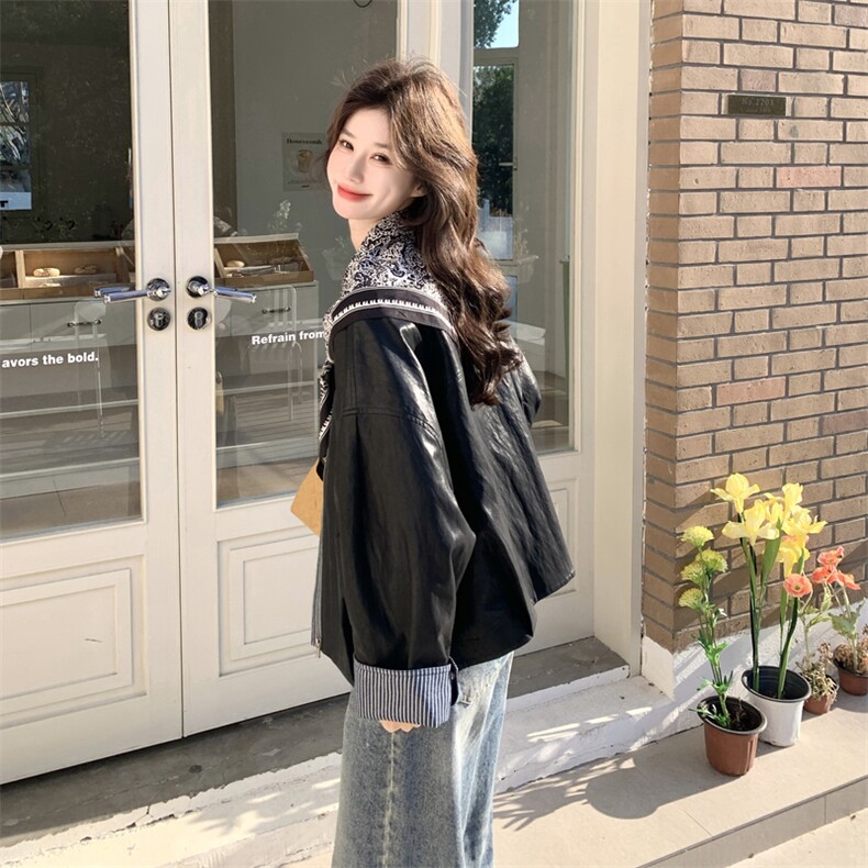 有货黑色带丝巾皮衣2C198-6831-P165K268,女装短外套,2C198
