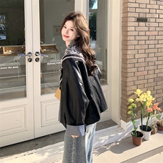 有货黑色带丝巾皮衣2C198-6831-P165K268，女装短外套，2C198