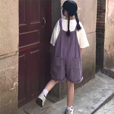 紫色牛仔背带短裤女夏季高腰直筒小个子减龄阔腿五分连体裤ins潮，男装牛仔裤，星座506A