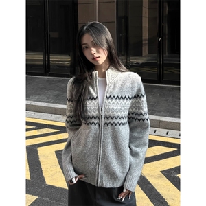 费尔岛提花半高领拉链开衫毛衣男秋冬季慵懒感休闲百搭针织衫情侣