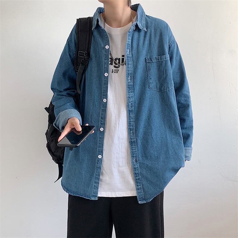 牛仔衬衫男长袖春季港风韩版潮流纯色上衣宽松痞帅衬衣 W2444-P42图片