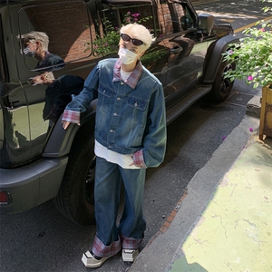 男格子小众复古水洗牛仔套装宽松夹克外套阔腿裤两件套TZ32-P110图片