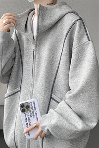 美式重磅立体硬挺卫衣男春秋潮牌设计感连帽开衫廓形外套KS004P68图片