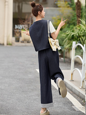 时尚条纹拼接休闲套装女2025夏新款洋气休闲马甲阔腿裤搭配一整套，女装套装/套裙，沁沁公主