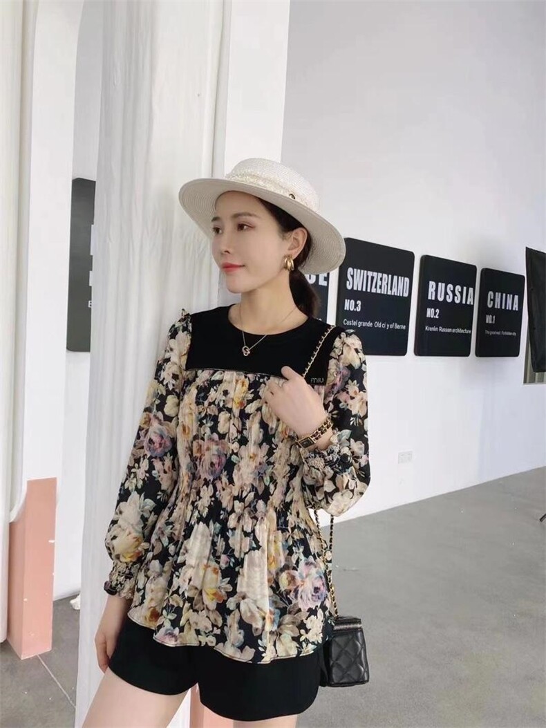 【现货】秋季新款时尚修身压皱花色雪纺针织拼接上衣，其它，名怡