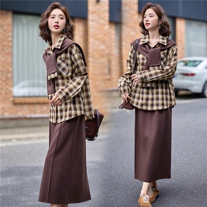 现货!2025秋装新款格纹衬衫套装披肩搭配气质时尚套装图片