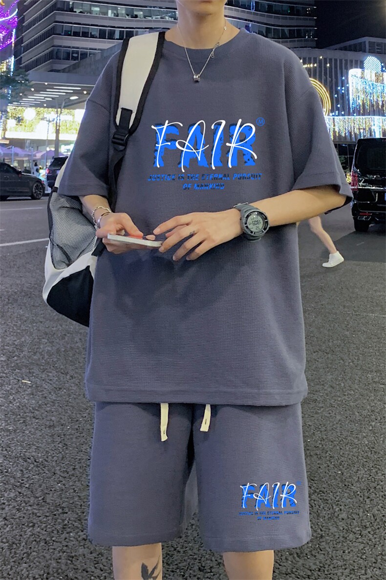 ！2024夏季男士字母印花华夫格短袖套装学生一套HTZ17P50,男装T恤,电商B220