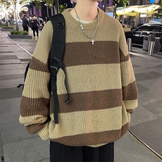 港风秋款男圆领套头毛衣条纹拼色宽松针织衫休闲外套M6007P45，男装针织衫/毛衣，星座1013-1