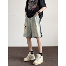 高街牛仔短裤男拉链开衩帅气2024夏季破洞ins宽松五分裤RK487-P41，男装牛仔裤，星座412-3