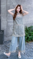 新中式国风蕾丝牛仔阔腿裤套装女夏季2025新款时尚高级感两件套，女装套装/套裙，2C316