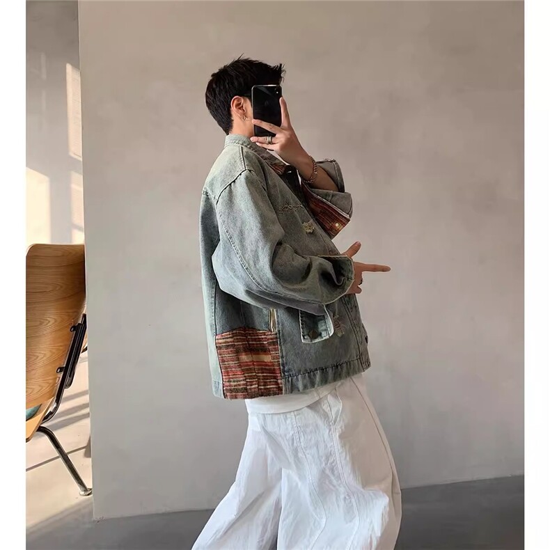 春秋美式做旧水洗撞色牛仔外套男女撞色潮复古宽松夹克XJK8222,男装工装外套,星座208-5