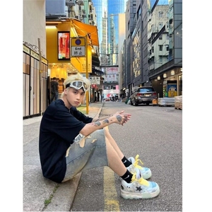 网图现货 美式宽松复古水洗破洞牛仔五分裤男DK20/P37图片