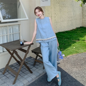 蓝色休闲松弛感套装女2025夏季新款气质时尚亮片背心阔腿裤两件套图片