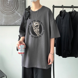 夏季新款港风潮流印花宽松圆领短袖T恤男T41 P25控38图片