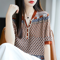 莱赛尔针织提花短袖T恤女2025夏薄透气宽松显瘦半袖上衣小衫t恤衫，女装T恤，唐诺