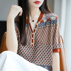 莱赛尔针织提花短袖T恤女2025夏薄透气宽松显瘦半袖上衣小衫t恤衫图片