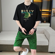2025夏季新款时尚套装轻奢华夫格短裤男士圆领宽松潮流T恤两件套，男装休闲套装，星座1801