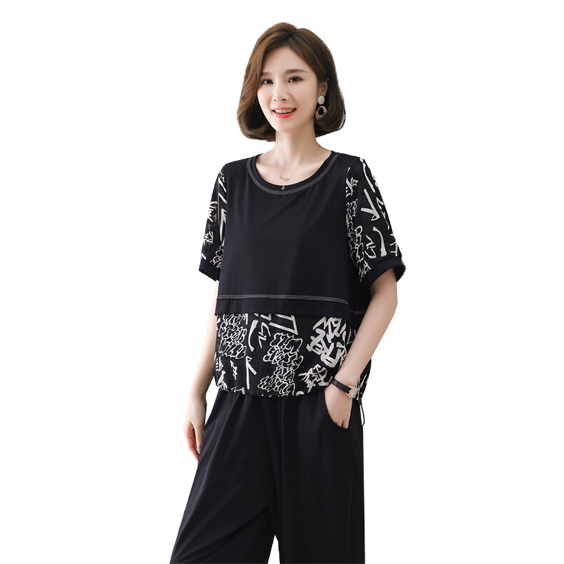 现货2022夏季新款时尚简约针织拼接雪纺休闲套装两件套,女装套装/套裙,深水步