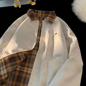 美式复古两面穿格子夹克男潮牌痞帅飞行员宽松休闲棒球服外套图片