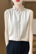 秋季中式醋酸缎面无袖衬衫女内搭衬衣背心打底新款国风木耳领上衣，女装衬衫，羊特美羊绒