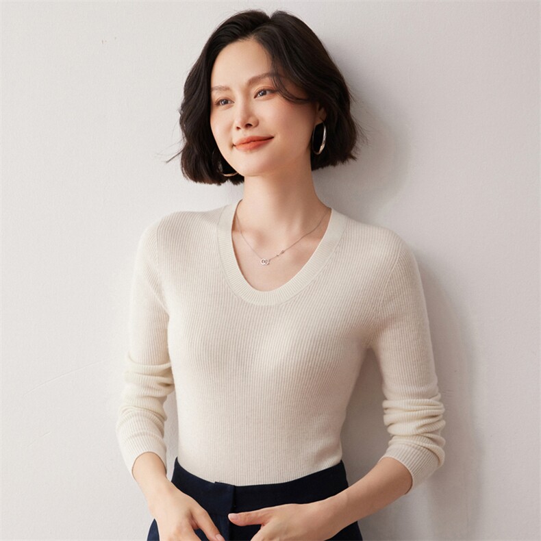 秋冬新款洋气时尚百搭显瘦女款精纺一线成衣U领35%羊绒衫,女装羊绒衫,艾巧羊绒