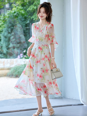 拉夏贝尔官方绝美碎花刺绣连衣裙女2025夏季新款气质茶歇法式长裙，女装连衣裙，辉煌依升