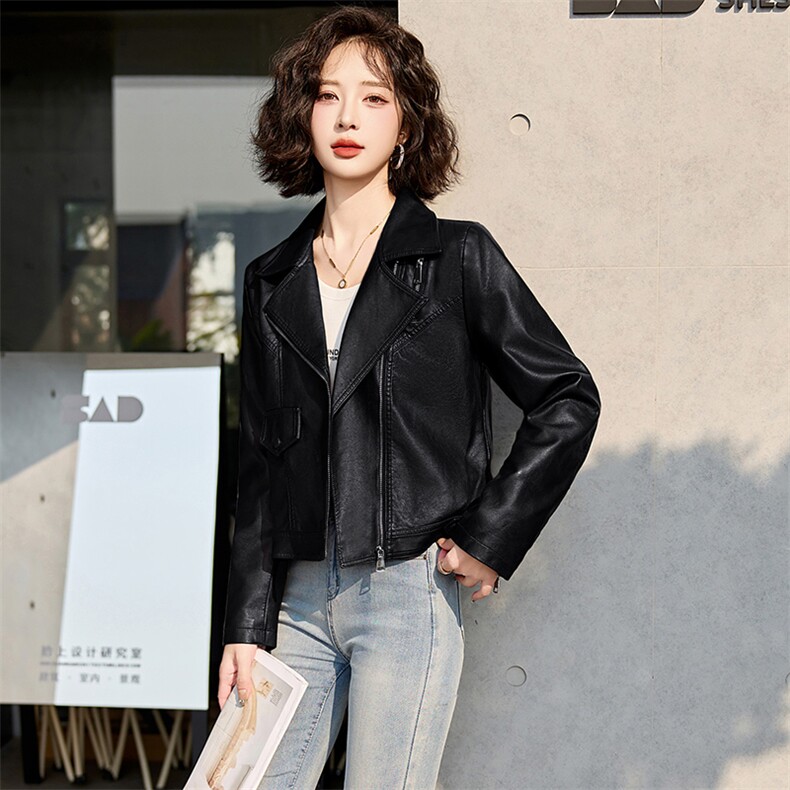 短款小皮衣外套女2025新款春秋气质休闲百搭翻领PU皮机车夹克上衣,女装皮衣,魅丽静蓝