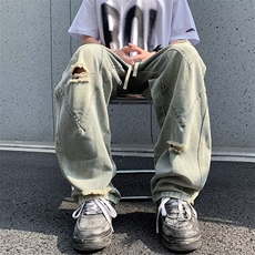 破洞牛仔裤男美式高街复古水洗做旧牛仔长裤痞帅直筒裤子N902-P50，男装牛仔裤，星座1001-1