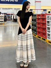 女夏新新款时尚洋气套装设计感一字斜肩短袖上衣杏色半身裙两件套，女装套装/套裙，江南