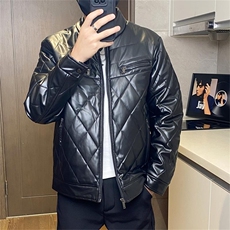 68708-P115菱形格高级感PU皮棉服男保暖防风机车棉衣工装棉袄潮，男装棉衣，电商D310B-1