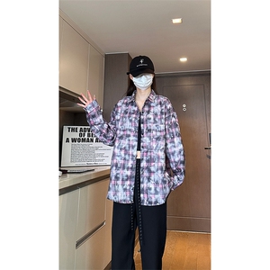 现货 早秋高街做旧紫格子长袖衬衫女扎染衬衣外套男 C18-P50-控78图片