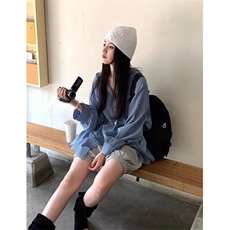 法式蓝色格纹连帽衬衫灯笼袖夏季休闲长袖上衣宽松慵懒防晒C126，男装防晒衣，星座1116A（原606A-3）