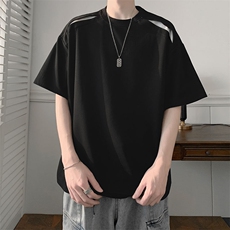 美式街头设计感圆领T恤男夏潮牌宽松短袖体恤重磅解构拼接五分袖，男装T恤，星座410-6（原星座1304-1）