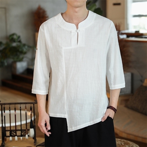 风夏盘扣宽松休闲短袖纯色T恤大码七分袖上衣男 M139 P40图片