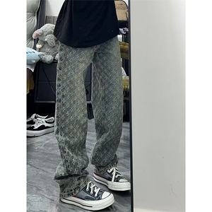 美式提花满印牛仔裤男款春秋高街hiphop裤子宽松直筒裤LNTT63-P43图片