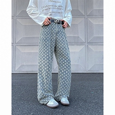 浅蓝色提花牛仔裤男女潮牌痞帅炸街裤子美式高街直筒微喇裤N8211，男装牛仔裤，星座601-2