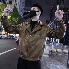 设计感西装领假两件PU水洗皮男痞帅夹克皮衣外套98815-P138绒148，男装夹克，电商A368