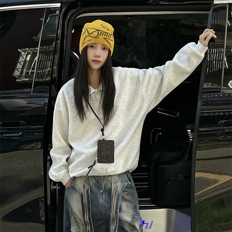 抖音得物高品质二开 25秋冬美式高街结构设计POLO翻领卫衣外套W77图片