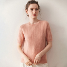 2025年秋季常规不连帽修身型短袖圆领麻花短袖时尚百搭通勤，女装T恤，溪贝羊绒