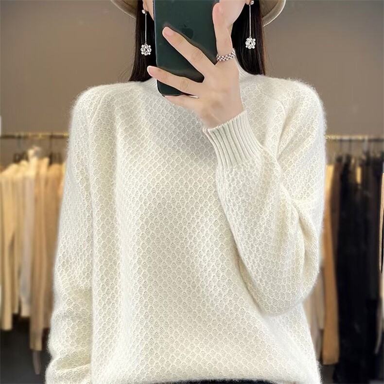秋冬新款100%羊毛针织打底衫女半高领菱形加厚毛衣宽松显瘦羊绒衫,针织衫/毛衣,萱芳婷羊绒