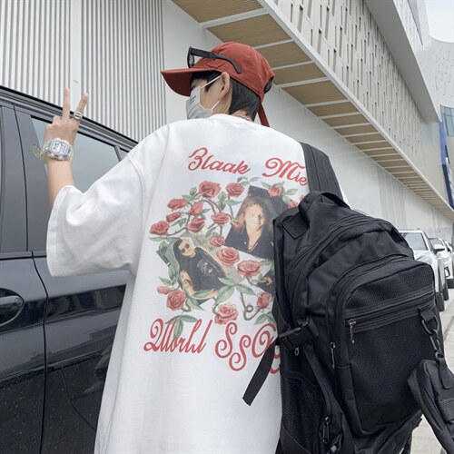 夏季复古做旧玫瑰花短袖男夏季潮牌情侣宽松五分袖T1074-P32,男装T恤,星座512-2